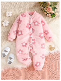Baby Girl Pink Casual Floral Comfortable Warm Long Sleeve Jumpsuit For Fall & Winter