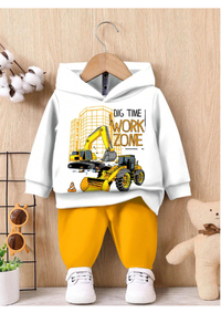 Baby Boy Casual Minimalist Stylish Classic Truck Print Loose Comfortable Knit Soft Hooded Sweatshirt & Pants Set