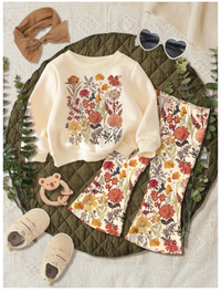 Baby Girls Floral Print Sweatshirt And Bell Bottoms Casual Soft Knit Simple Pullover Two-Piece Outfit