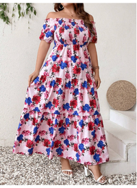 Plus Size Summer Holiday Comfortable Floral Random Printed Loose A-Line Off-Shoulder/Crew Neck Dress 