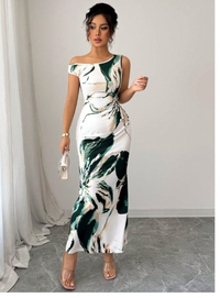 Floral Print Asymmetrical Neck Waist Design Fitted Dress