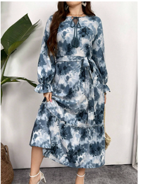 Plus Size Summer Tie-Dye Floral Printed Long Sleeve Bohemian Dress