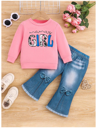 2pcs/Set Baby Girls Fashion Letter & Graphic Print Sweatshirt And Denim Effect Flare Jeans Set