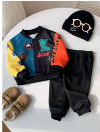 2pcs Set Baby Boys/Girls Casual Sports Style Dropped Shoulder Loose Baseball Collar Jacket & Knitted Jogger Pants Outfit