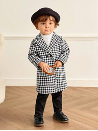 Baby Boy Unisex Classic Fashionable High-End Houndstooth Long Lapel Warm Thick Coat