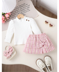 Baby Girls Snap Button Turtleneck Top & Cute Bow Decor Pink Skirt 2pcs Set