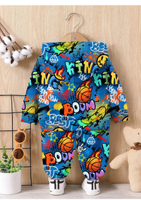 Baby Boy Casual Loose Cartoon Abstract Pattern Soft Knit Hoodie Sweatshirt & Pants Set