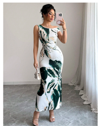 Floral Print Asymmetrical Neck Waist Design Fitted Dress