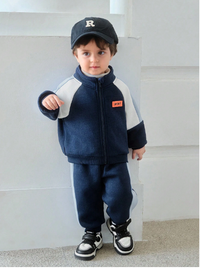 2pcs/Set Baby Boy/Girl Casual Sports Style Drop Shoulder Loose Fleece Patchwork Jacket Top And Ribbed Cuff Pants Outfit