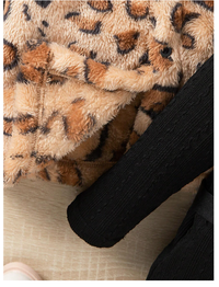  Baby Girl Black & White Leopard Print Fashionable Personalized Thickened Fuzzy Midi Length Jacquard Knit High Collar Long Sleeve Dress