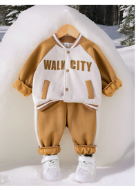 Baby Boys 2pcs Set Contrast Letter Print Soft Knit Round Neck Raglan Sleeve Jacket Baseball Coat And Elastic Cuff Pants
