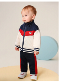 2pcs Baby Boys Blue-Red-White Colorblock Zipper Jacket And Pants 