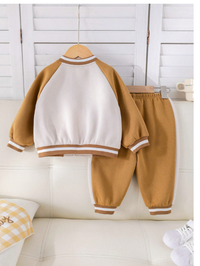 Baby Boys 2pcs Set Contrast Letter Print Soft Knit Round Neck Raglan Sleeve Jacket Baseball Coat And Elastic Cuff Pants