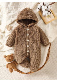 Baby Boy Winter Front Button Hooded Fleece Jumpsuit