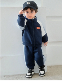 2pcs/Set Baby Boy/Girl Casual Sports Style Drop Shoulder Loose Fleece Patchwork Jacket Top And Ribbed Cuff Pants Outfit
