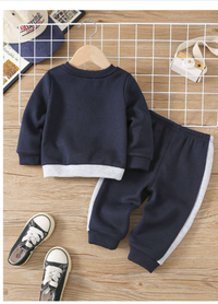 2pcs/Set Baby Boys Contrast Color Block Crew Neck Sweatshirt And Thermal Lined Pants 