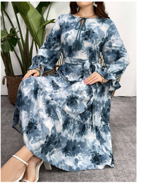 Plus Size Summer Tie-Dye Floral Printed Long Sleeve Bohemian Dress