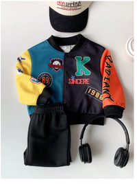 2pcs Set Baby Boys/Girls Casual Sports Style Dropped Shoulder Loose Baseball Collar Jacket & Knitted Jogger Pants Outfit