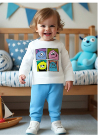  Newborn Baby Casual Cute Funny Colorful Cartoon Monster Graphic Round Neck Long Sleeve Top And Pants