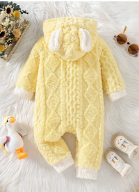 Baby Girl Cute Hooded Rabbit Ear Jumpsuit With Plush Material For Autumn And Winter