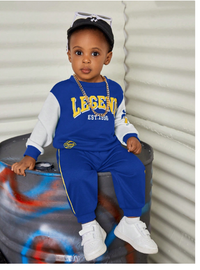  Toddler Boys Casual Sporty Color Block Printed Loose Fit Crew Neck Sweatshirt And Elastic Waist Thick Pants Set