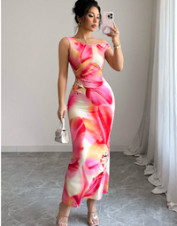 Long Floral Print Slim Fit V-Neck Dress