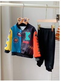 2pcs Set Baby Boys/Girls Casual Sports Style Dropped Shoulder Loose Baseball Collar Jacket & Knitted Jogger Pants Outfit