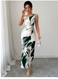 Floral Print Asymmetrical Neck Waist Design Fitted Dress
