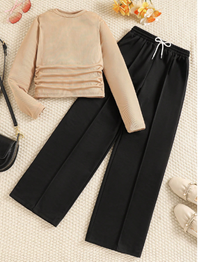 Young 2pcs Girls Teen Knitted Casual Basic Crop Top & Wide Leg Pants Set