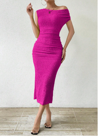 Women's Solid Color Asymmetric-Neckline Pleated Summer Dress Maxi Women Outfit