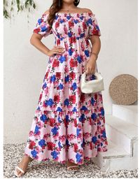 Plus Size Summer Holiday Comfortable Floral Random Printed Loose A-Line Off-Shoulder/Crew Neck Dress 